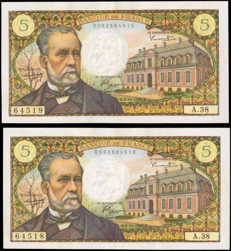 FRANCE. Lot of (2). Banque de France. 5 Francs, 1966. P-146a. Consecutive. About...