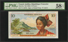 FRENCH ANTILLES. Republique Francaise. 10 Francs, ND (1964). P-8a. PMG Choice About Uncirculated 58 EPQ.

Signature combination of A. Postel-Vinay & P...