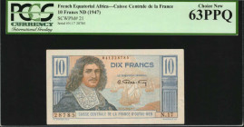 FRENCH EQUATORIAL AFRICA. Caisse Centrale de la France. 10 Francs, ND (1947). P-21. PCGS Currency Choice New 63 PPQ.

Estimate: $100.00-$200.00