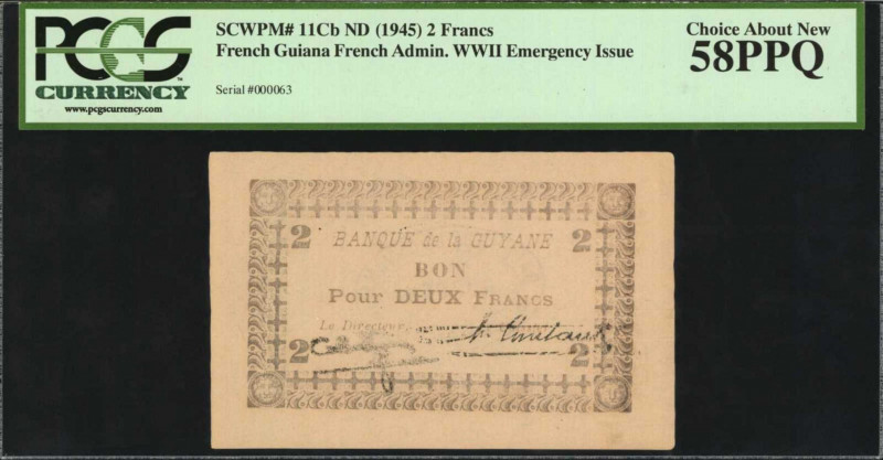 FRENCH GUIANA. French Administration. 2 Francs, ND (1945). P-11Cb. PCGS Currency...