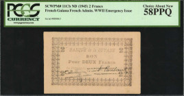FRENCH GUIANA. French Administration. 2 Francs, ND (1945). P-11Cb. PCGS Currency Choice About New 58 PPQ.

Low Serial Number 000063. Original.

Estima...