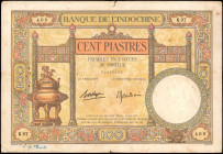 FRENCH INDO-CHINA. Banque de L'Indo-Chine. 100 Piastres, ND. P-51d. Fine.

A large format 100 Piastres note. A tear is found at top and bottom margins...