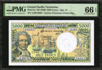 FRENCH PACIFIC TERRITORIES. Institut D'Emission D'Outre-Mer. 5000 Francs, ND (1996). P-3a. Low Serial Number. PMG Gem Uncirculated 66 EPQ.

Estimate: ...