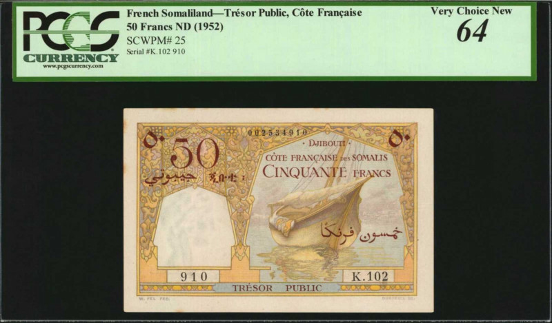 FRENCH SOMALILAND. Trésor Public, Côte Française. 50 Francs, ND (1952). P-25. PC...