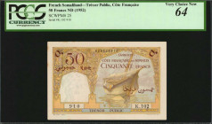 FRENCH SOMALILAND. Trésor Public, Côte Française. 50 Francs, ND (1952). P-25. PCGS Currency Very Choice New 64.

PCGS Currency comments "Rust Stains a...