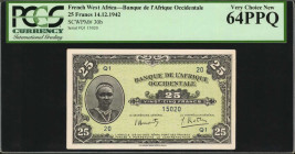 FRENCH WEST AFRICA. Banque de L'Afrique Occidentale. 25 Francs, 1942. P-30b. PCGS Currency Very Choice New 64 PPQ.

Estimate: $75.00-$125.00