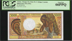 GABON. Banque des États de L'Afrique Centrale. 5000 Francs, ND (1991). P-6b. PCGS Currency Gem New 66 PPQ.

Estimate: $75.00-$125.00