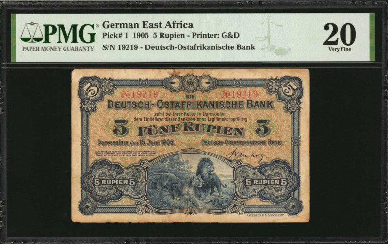 GERMAN EAST AFRICA. De utsch-Ostafrikanische Bank. 5 Rupien, 1905. P-1. PMG Very...