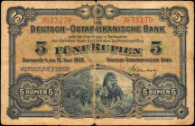 GERMAN EAST AFRICA. De utsch-Ostafrikanische Bank. 5 Rupien, 1905. P-1. Fine.

Margin/fold wear is noticed.

Estimate: $125.00-$250.00