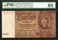 GERMANY. Reichsbanknote. 1000 Reichsmark, 1936. P-184. PMG Choice Uncirculated 64.

Estimate: $200.00-$300.00