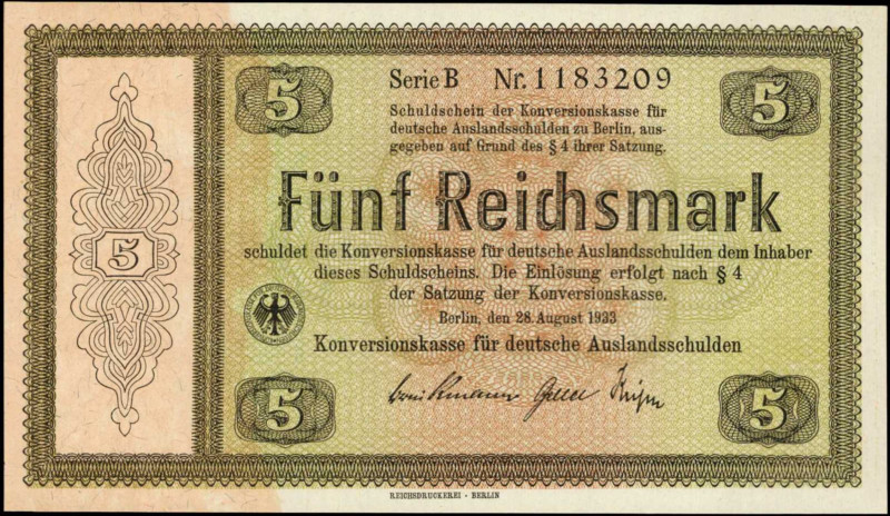 GERMANY. Konversionskasse fur Deutsche Auslandsschulden. 5 Reichsmark, 1933. P-1...