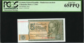 GERMANY, FEDERAL REPUBLIC. Bundeskassenschein. 5 Deutsche Mark, 1963. P-9A. PCGS Currency Gem New 65 PPQ.

Estimate: $150.00-$200.00