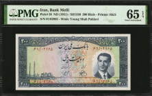 IRAN. Bank Melli. 200 Rials, ND (1951). P-58. PMG Gem Uncirculated 65 EPQ.

Printed by H&S. Watermark of young Shah Pahlavi.

Estimate: $400.00-$600.0...