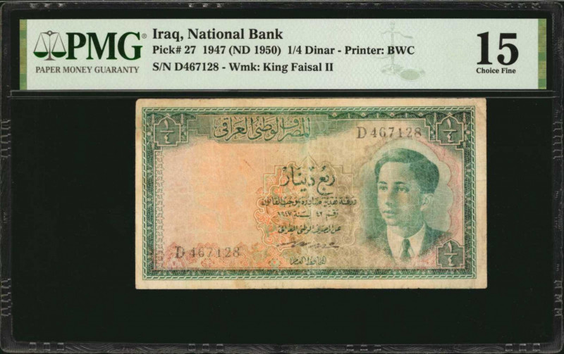 IRAQ. National Bank of Iraq. 1/4 Dinar, 1947 (ND 1950). P-27. PMG Choice Fine 15...