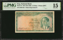 IRAQ. National Bank of Iraq. 1/4 Dinar, 1947 (ND 1950). P-27. PMG Choice Fine 15.

PMG comments "Discoloration."

From the Ricardo Collection.

Estima...