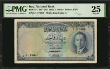 IRAQ. National Bank of Iraq. 1 Dinar, 1947 (ND 1953). P-34. PMG Very Fine 25.

Printed by BWC. Portrait of King Faisal II at right with watermark at l...