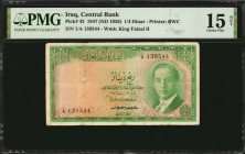 IRAQ. Central Bank of Iraq. 1/4 Dinar, 1947 (ND 1959). P-42. PMG Choice Fine 15 Net. Repaired.

1/A Prefix. PMG comments "Repaired."

From the Ricardo...