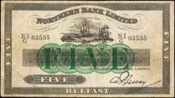 IRELAND, NORTHERN. Northern Bank Limited. 5 Pounds, 1940. P-180b. Fine.

Pinholes, annotations and margin wear/tears are found on this 5 Pounds note.
...