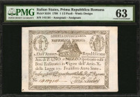 ITALIAN STATES. Prima Repubblica Romana. 1 1/2 Paoli, 1798. P-S534. PMG Choice Uncirculated 63.

Bright paper and a dark design add to the appeal of t...