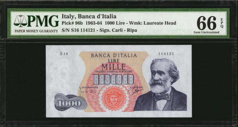 ITALY. Banca D'Italia. 1000 Lire, 1963-64. P-96b. PMG Gem Uncirculated 66 EPQ.

...