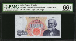 ITALY. Banca D'Italia. 1000 Lire, 1963-64. P-96b. PMG Gem Uncirculated 66 EPQ.

Estimate: $50.00-$100.00
