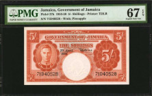 JAMAICA. Government of Jamaica. 5/- Shillings, 1953-58. P-37b. PMG Superb Gem Uncirculated 67 EPQ.

Lofty gem condition on this attractive 1955 TDLR 5...