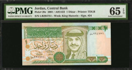 JORDAN. Central Bank of Jordan. 1 Dinar, 2001. P-29c. PMG Gem Uncirculated 65 EPQ.

King Hussein on face and ruins of Jerash on back. Signature combin...