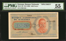 KATANGA. Banque Nationale du Katanga. 1000 Francs, ND (1960). P-10s. Specimen. PMG About Uncirculated 55.

A sought after specimen seen with very ligh...