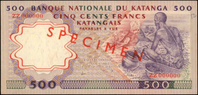 KATANGA. Banque National du Katanga. 500 Cents Francs Katangais, 1962. P-13s. Specimen. Uncirculated.

Estimate: $150.00-$250.00