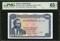 KENYA. Central Bank of Kenya. 20 Shillings, 1973. P-8d. PMG Gem Uncirculated 65 EPQ.

Printed by TDLR. Watermark of Lion's head.

Estimate: $75.00-$12...