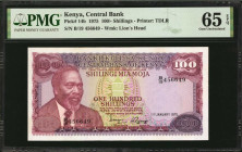 KENYA. Central Bank of Kenya. 100 Shillings, 1975. P-14b. PMG Gem Uncirculated 65 EPQ.

Dark purple ink stands out on this Gem.

Estimate: $75.00-$125...