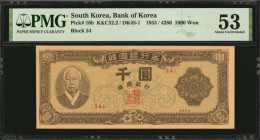 KOREA, SOUTH. Bank of Korea. 1000 Won, 1953. P-10b. PMG About Uncirculated 53.

Estimate: $100.00-$150.00