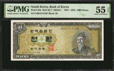 KOREA, SOUTH. Bank of Korea. 1000 Hwan, 1961. P-25b. PMG About Uncirculated 55 EPQ.

Block 56. Fully original high denomination.

Estimate: $150.00-$2...