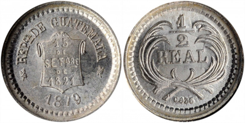 GUATEMALA. 1/2 Real, 1879. NGC MS-66.

KM-147a.1. Scroll type. A blast white lit...