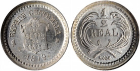 GUATEMALA. 1/2 Real, 1879. NGC MS-66.

KM-147a.1. Scroll type. A blast white little Gem with blazing luster and a faint die clash on both sides.

Esti...