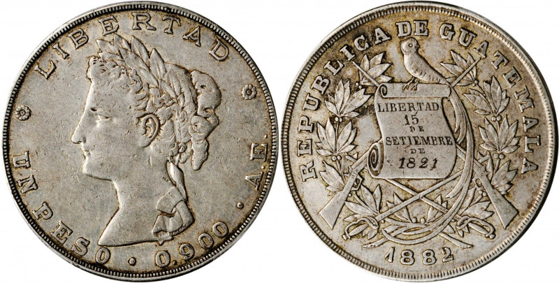 GUATEMALA. Peso, 1882-AE. Guatemala Mint. PCGS AU-50 Gold Shield.

KM-208. A who...