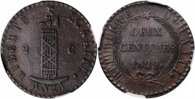 HAITI. 2 Centimes, AN 26 / 1829. NGC AU-50 Brown.

KM-A22. A somewhat crudely struck coin, though still well detailed, with no notable marks and endow...