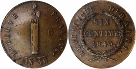 HAITI. 6 Centimes, AN 46 / 1849. Faustin I. PCGS VF-30.

KM-32. A well struck coin on an uneven flan, with medium brown patina and a small planchet fl...