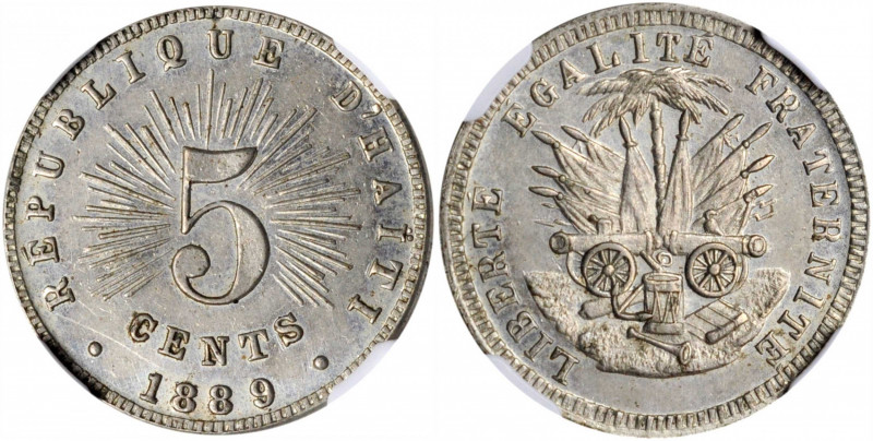 HAITI. 5 Centimes, 1889. NGC MS-62.

KM-50. A boldly struck coin with flashy lus...