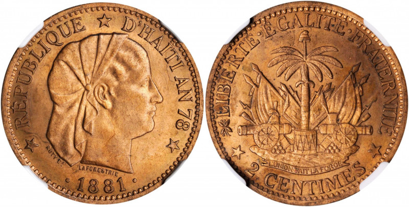 HAITI. Centime, 1881. NGC PROOF-64 Red Brown.

KM-42. A mesmerizing, near-Gem ex...