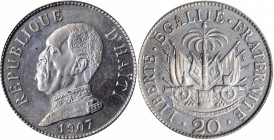 HAITI. 20 Centimes, 1907. PCGS SPECIMEN-64.

KM-56. A sharply struck coin with prooflike, flashy fields and a hint of toning.

Estimate: $100.00-$150....