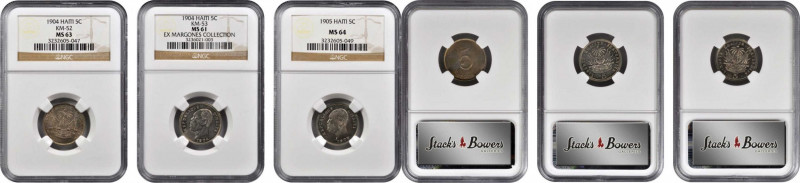 HAITI. Trio of 5 Centimes (3 Pieces), 1904-05. All NGC Certified.

1) 1904. MS-6...