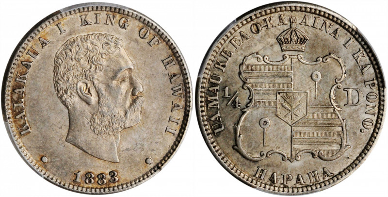 HAWAII. 25 Cents, 1883. Kalakaua I. PCGS MS-63 Gold Shield.

KM-5. A boldly stru...
