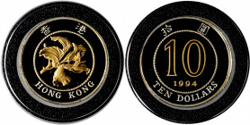 HONG KONG. Bi-Metallic Proof 10 Dollars, 1994. GEM PROOF.

Fr-15a; KM-70a. Mintage: 20,000. A brilliant Proof with mirrored fields and frosty devices....