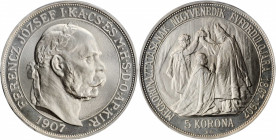HUNGARY. 5 Korona Restrike, 1907-KB. Kremnitz Mint. PCGS PROOF-66 Gold Shield.

KM-489; Dav-124. Struck for the 40th Anniversary of the coronation of ...