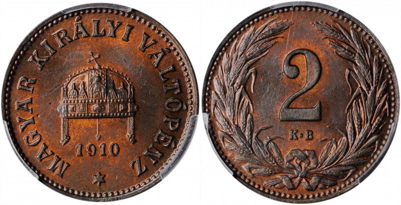 HUNGARY. 2 Filler, 1910-KB. Kremnitz Mint. PCGS MS-63 Red Brown Gold Shield.

KM...