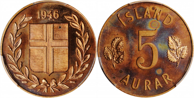 ICELAND. 5 Aurar, 1946. PCGS PROOF-65 Red Gold Shield.

KM-9. Pop: 1; none grade...