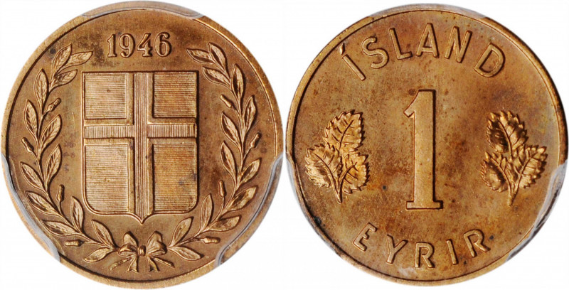 ICELAND. Eyrir, 1946. PCGS PROOF-64 Red Gold Shield.

KM-8. A pleasing near-Gem ...