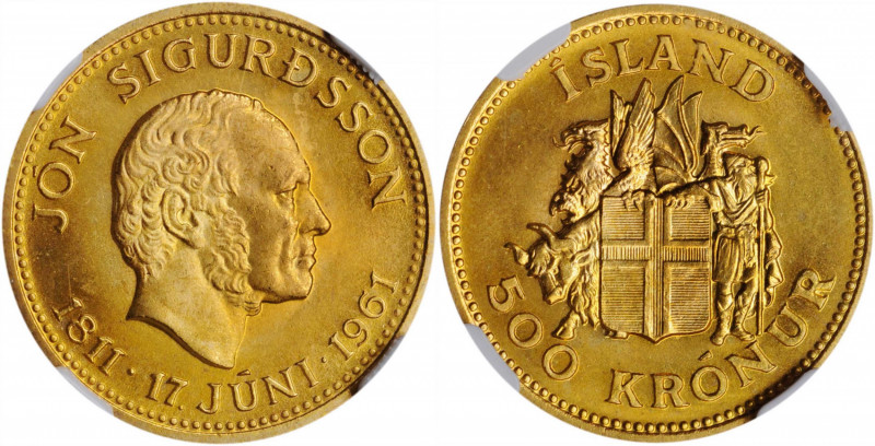 ICELAND. 500 Kronur, 1961. NGC MS-66.

Fr-1; KM-14. Mintage: 10,000. Struck to c...