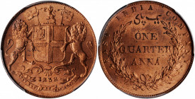 INDIA. British India. 1/4 Anna, 1858-(H). Heaton Mint. Victoria. PCGS MS-65 Red Gold Shield.

KM-463.1; S&W-3.78; Prid-156. An attractive Gem quality ...